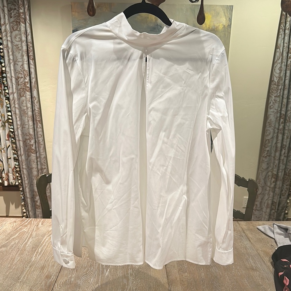 Lafayette 148 New York Elegant White Long-Sleeve Shirt with Bow Tie at Back